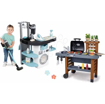 Dětský spotřebič Set prádelna s pračkou s předním plněním a gril na zahradu Rowenta Wash&Clean Laundry Smoby s kuchyňkou s tekoucí vodou a elektronický vysavač se zvukem