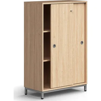 Policová skříň Skříň s posuvnými dveřmi QBUS, 2 police, nohy, úchytky, 1252x800x400 mm, stříbrná, dub