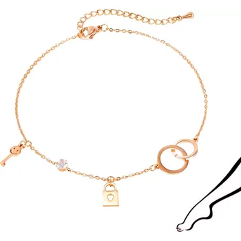 Náramek Ocelový náramek na kotník nebo ruku, měděná barva - spojené kroužky, kladka, klíč a zirkony