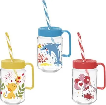 Zavařovací sklenice sklen. 370ml, 1ks, s uchem, Delfín, Kočka, Slon, brčko, sklo