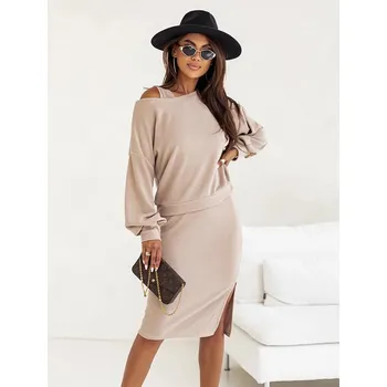 Dámské šaty Béžový dámský úpletový komplet se šaty bez rukávů (82138) odstíny béžové S (36)