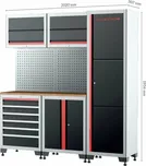 Dílenský nábytek, sestava - skříně, závěsné skříňky a děrovaná stěna - QUATROS QS17008