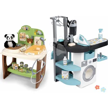 Dětské zboží Set prádelna s pračkou s předním plněním a zvěrolékařská ordinace Rowenta Wash&Clean Laundry Smoby s pandou a elektronickým vysavačem se zvukem
