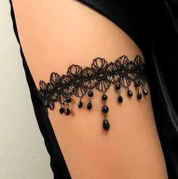 Řetízek B-TOP Krajkový řetízek na nohu s perlovými střapci - černý