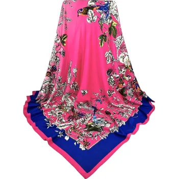Šátek Classic Scarf Dámský velký květovaný šátek XXL na krk jasně růžový s modrou