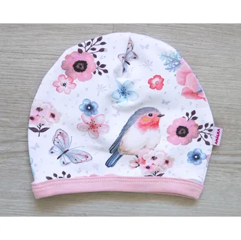 Kojenecká čepice AMÁLKA Elastická čepička saporka teplákovina, ptáčci, květy Velikost: 74-80