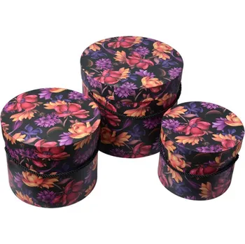 Úložný box Set 3 černých květovaných kulatých kartonových boxů – 23x20/20x17/17x14 cm