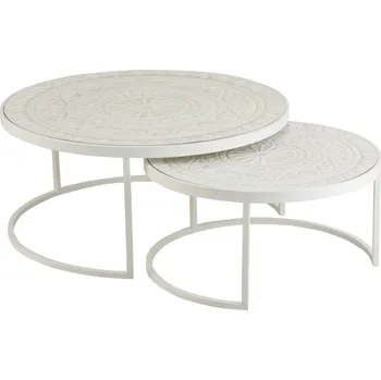 Konferenční stolek Set 2 bílých kovových stolků s ornamentovou deskou - Ø79*36 cm