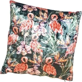 Dekorativní polštářek Zelený sametový polštář s plameňáky - 35*35cm