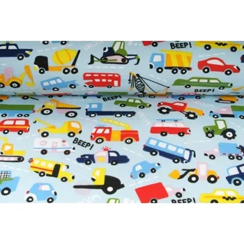 Plátno bavlněné bagry a autíčka, modrý podklad, metráž, látky