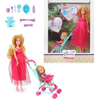 Panenka Teddies Panenka těhotná s dítětem v kočárku s doplňky 28 cm