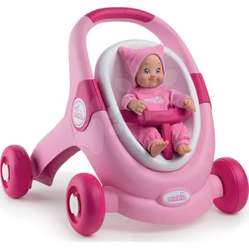 Smoby MiniKiss 3v1 Chodítko a kočárek s autosedačkou Doplněk pro panenku Smoby MiniKiss 3v1 Chodítko a kočárek s autosedačkou