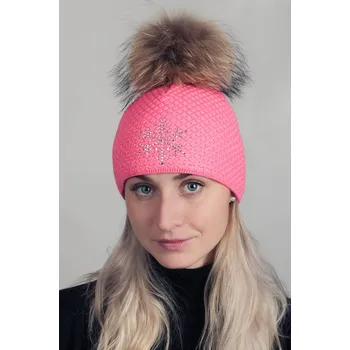 Čepice R-JET Růžová dámská zimní pletená čepice s pravou kožešinovou bambulí
