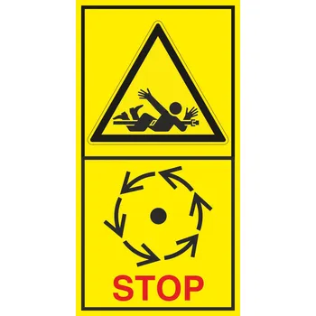 Nebezpečí točící se hřídel - Vyčkej před manipulaci s otevřením až do úplného zastavení pohybujících se částí samolepící vinylová fólie 85 x 45 mm