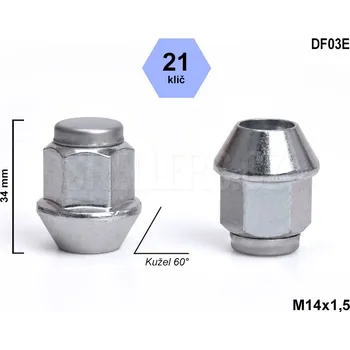 Matice na kolo Kolová matice M14x1,5 Ford, kužel, klíč 21, DF03E, uzavřená, nerez. krytka, výška 34 mm