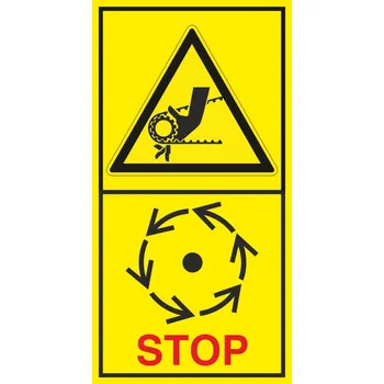 Nebezpečí řetěz nebo ozubený řemen - Vyčkej před manipulaci nebo otevřením až do úplného zastavení pohybujících se částí samolepící vinylová fólie 85 x 45 mm
