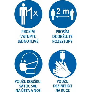 Značení Vstupujte jednotlivě / Dodržuj rozestup / Použij roušku / Použij dezinfekci 400 x 300 mm