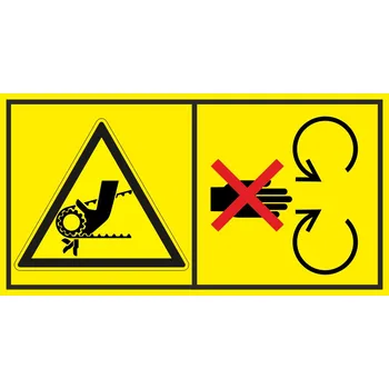 Nebezpečí řetěz nebo ozubený řemen - Neodstraňuj bezpečnostní kryt pokud je stroj v běhu samolepící vinylová fólie 45 x 85 mm
