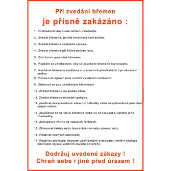 Značení Při zvedání přemen je přísně zakázáno plast 0,5mm A4 (297 x 210 mm)