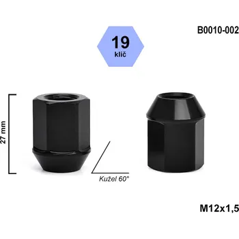 Matice na kolo Kolová matice M12x1,5 kužel otevřená, odlehčená, klíč 19, B0010-002, černá, výška 27