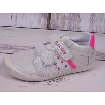 Dívčí polobotky D.D.step Celoroční kožené boty obuv BAREFOOT D. D. step 063-932A stříbrné s růžovou velikost: 35