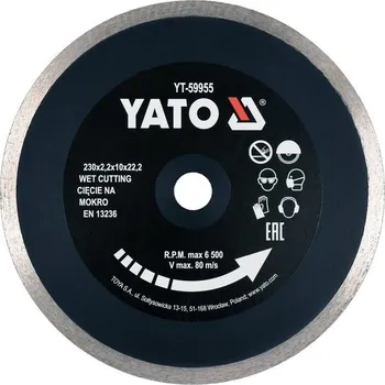 Řezný kotouč Diamantový kotouč YATO, řezný celoobvodový 230x22,2x2,2mm s vysokým segmentem 10mm YT-59955
