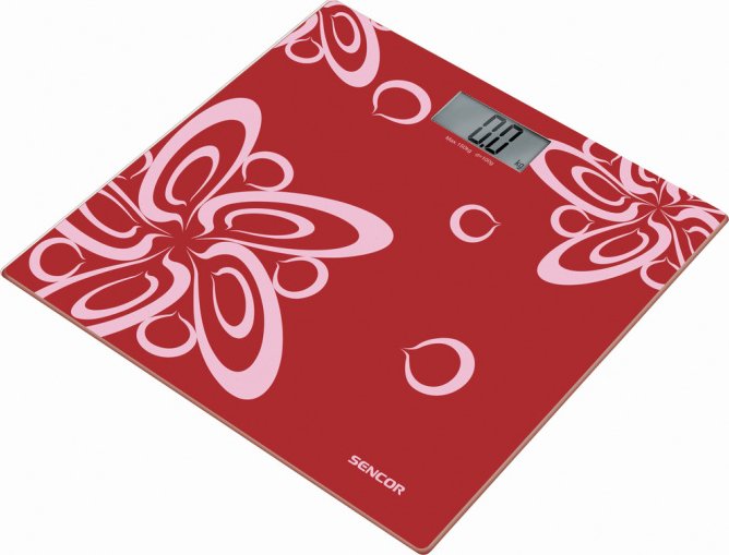 SENCOR SBS 2507RD Skleněná sobní váha v moderním květinovém designu - červenobílá