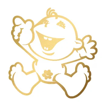 Samolepicí dekorace na vozidlo Dítě v autě 077 levá veselé batole (43 - zlatá metalíza) SAMOLEPKA NA AUTO, NÁLEPKA, FÓLIE, POLEP, TUNING, VLASTNÍ TEXT, TISK, AUTOSAMOLEPKY.cz, POLEPY, OBRÁZEK, LOGO, 3D STICKERS