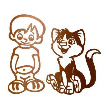 Samolepicí dekorace na vozidlo Dítě v autě 097 levá kluk a kočka (44 - měděná metalíza) SAMOLEPKA NA AUTO, NÁLEPKA, FÓLIE, POLEP, TUNING, VLASTNÍ TEXT, TISK, AUTOSAMOLEPKY.cz, POLEPY, OBRÁZEK, LOGO, 3D STICKERS