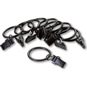 Uchycení záclony a závěsu WOOLINE Sada kovových kroužků na záclony se žabkami 10 +10 ks černá