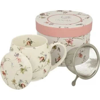 Porcelánový hrnek buclák s víčkem a kov. sítkem "Pnoucí květiny" v dárkové krabičce - 430 ml