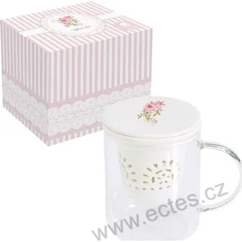 Easy Life ROSES skleněný čajový hrnek s bílým porcelánovým víčkem a sítkem krajkový vzor a růže 320ml