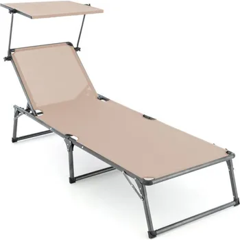 Zahradní lehátko Opalovací lehátko s malou polohovací stříškou proti slunci, kov / umělá textilie, béžové