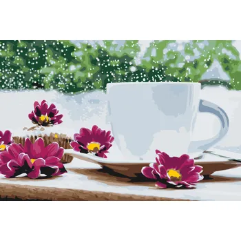 Malování podle čísel - Zimní odpoledne s šálkem čaje Velikost: 40x60cm, Rámování: Pouze srolované plátno