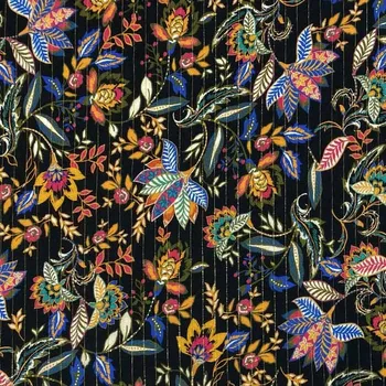 Šatovka černá, kašmírové květy, zlatý lurexový proužek, š.135