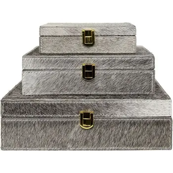 Dárková krabička Šedý Bijoux box z hovězí kůže (sada 3ks) - 25,5*25,5*8cm