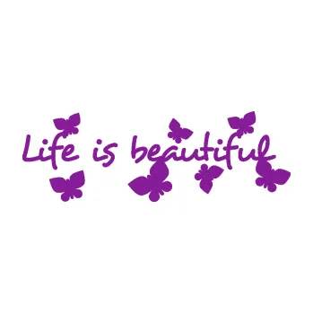 Polep vozidla SAMOLEPKA Life is beautiful nápis s motýlky (14 - fialová) NA AUTO, NÁLEPKA, FÓLIE, POLEP, TUNING, VLASTNÍ TEXT, TISK, AUTOSAMOLEPKY.cz, POLEPY, OBRÁZEK, LOGO, SAMOLEPKY