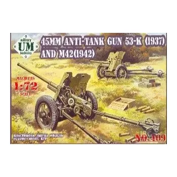 Plastikový model Unimodel 1/72 45mm Anti-tank Gun 53-K (1937) and M42 (1942)