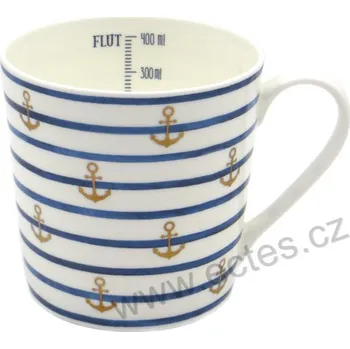 INDIGO MARITIM velký porcelánový big hrnek malé zlaté kotvy a modré proužky