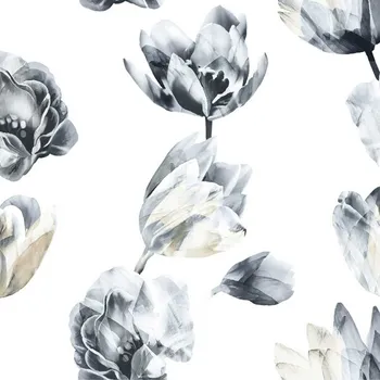 Dimout bílý, béžové a šedé květy, š.150