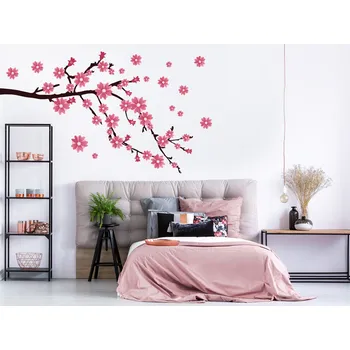 Samolepící dekorace Větev s růžovými květy samolepka na zeď arch 47 x 27 cm