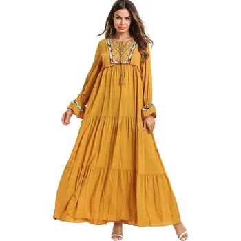 Dámské šaty Dámské dlouhé žluté Abaya šaty s výšivkou - L
