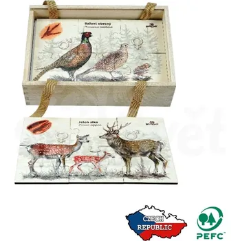 Puzzle Lesní svět Puzzle Zvířecí rodinky (Dárková sada dřevěného puzzle pro menší děti s lesními motivy. Edukační sada puzzle od českého výrobce Lesní svět obsahující 9 skládaček. Dřevo s ekologickým certifikátem PEFC, rozměr karty 30 x 20 cm)