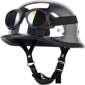 Helma na motorku Otevřená moto helma ve stylu německé válečné přilby SS s brýlemi chrom