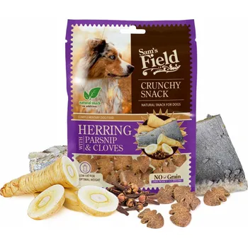 Pamlsek pro psa Sam's Field Crunchy Cracker Herring with Parsnip & Cloves, křupavý sleďový pamlsek s pastinákem a hřebíčkem pro psy, 200 g (Sams Field masový pamlsek)