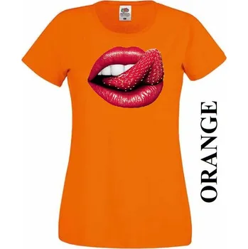 Dámské tričko damske levne tricko pusa jahody Barva: Orange - oranžová, Výstřih: Kulatý výstřih kolem krku, EU dámská velikost: eu 34/36 (dívčí prodloužená 122) viz tabulka velikostí