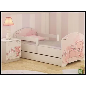 Dětská postel Dětská postel Oskar Růžový medvídek 140x70 cm - Norská borovice - 2x krátká zábrana bez šuplíku