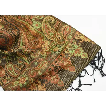 Šála Hedvábná šála Jamawar velká - Černá a zelená s ornamenty