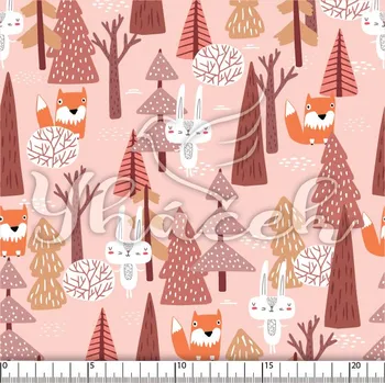 Zakázkový tisk, softshell, kočárkovina... Liška a zajíc v lese na růžové Látky k tisku: Fleece