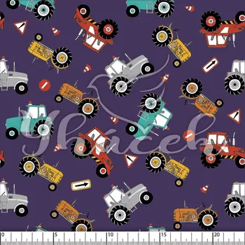 Zakázkový tisk, softshell, kočárkovina... Traktory a značky na fialové Látky k tisku: Microfirba